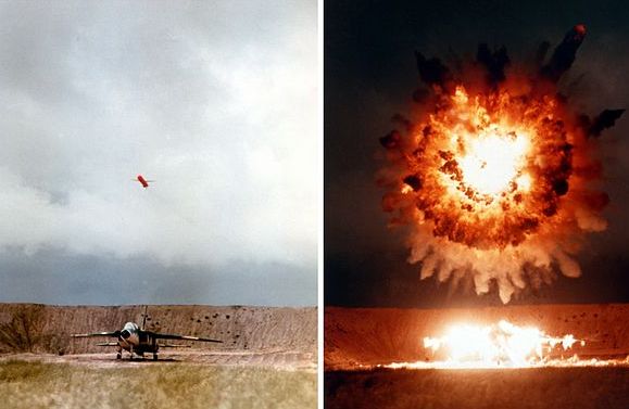 A U.S. Navy submarine-launched UGM-109 Tomahawk cruise missile hits a North American RA-5C Vigilante target aircraft A U.S. Navy submarine-launched UGM-109 Tomahawk cruise missile hits a North American RA-5C Vigilante target aircraft