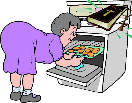 Baking muffins being guided by the Bible; instead of praying not to burn them, she could set a timer instead; gosh, we're hoping this idea isn't blasphemy!