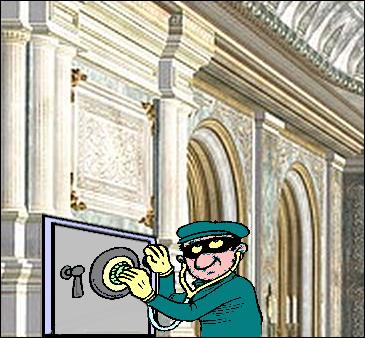 The oligarchs stay rich by continuously mugging the non-rich and the citizens don't protest because they don't see it happening; Here a burglar is putting money he robbed from the non-rich into an oligarch's safe! The oligarchs stay rich by continuously mugging the non-rich and the citizens don't protest because they don't see it happening; Here a burglar is putting money he robbed from the non-rich into an oligarch's safe!