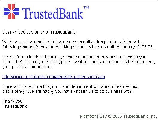 An example of a phishing email, disguised as an official email from a (fictional) bank An example of a phishing email, disguised as an official email from a (fictional) bank