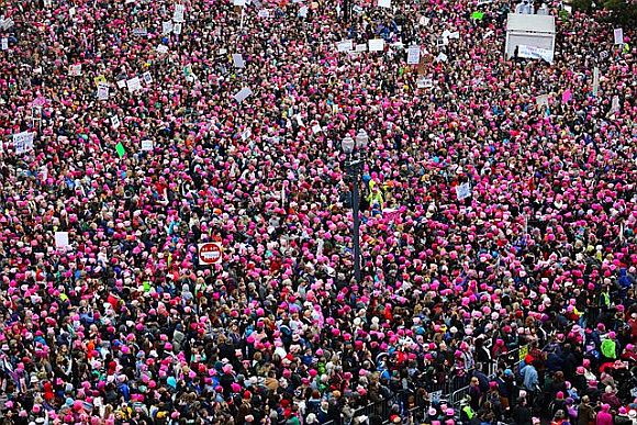 On January 21, 2017, hundreds of thousands of women wearing pink cat-eared 'pussy hats' flooded the streets of Washington, D.C. to rally against the elevation to the presidency of a man who had advocated, on tape, sexual assault On January 21, 2017, hundreds of thousands of women wearing pink cat-eared 'pussy hats' flooded the streets of Washington, D.C. to rally against the elevation to the presidency of a man who had advocated, on tape, sexual assault