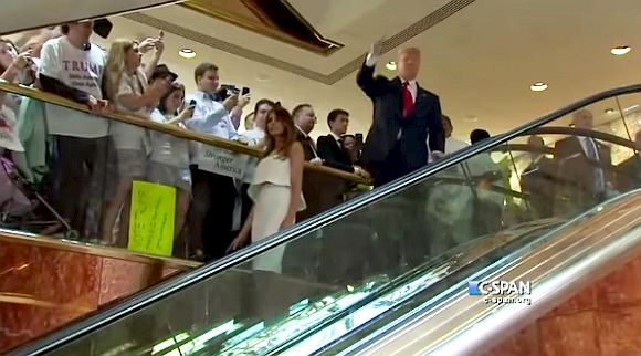Trump made his 2016 presidential bid announcement at Trump Tower in New York, descending on a golden escalator to stand at the podium before a backdrop of American flags Trump made his 2016 presidential bid announcement at Trump Tower in New York, descending on a golden escalator to stand at the podium before a backdrop of American flags